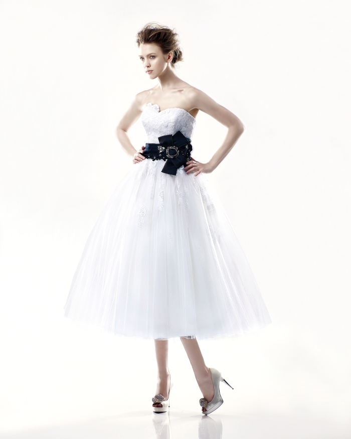 enzoani tea length wedding dress black belt